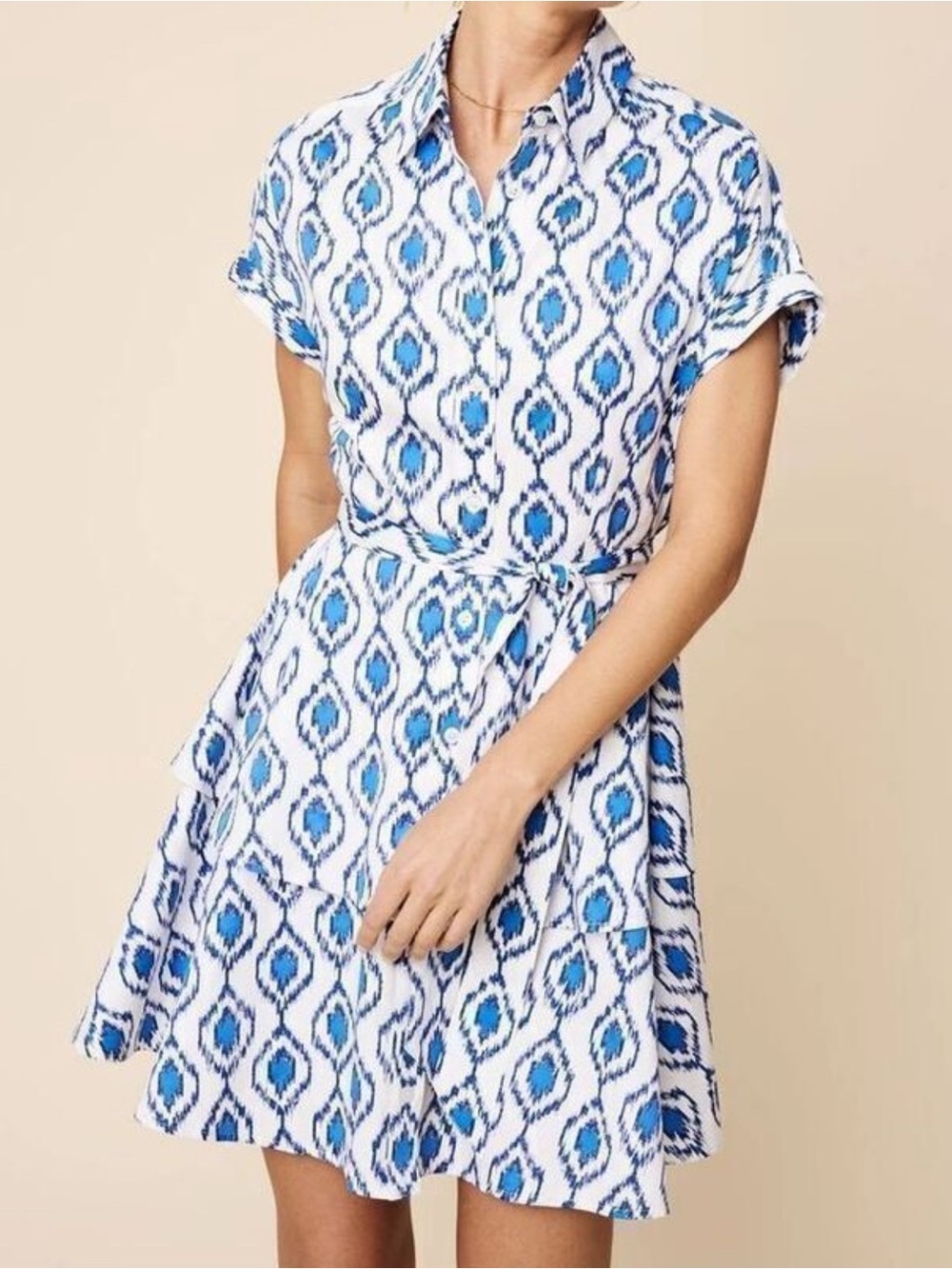 UNTUCKit Renata Shirt Dress Ikat Print Blue White size 8 Career Casual Tiered